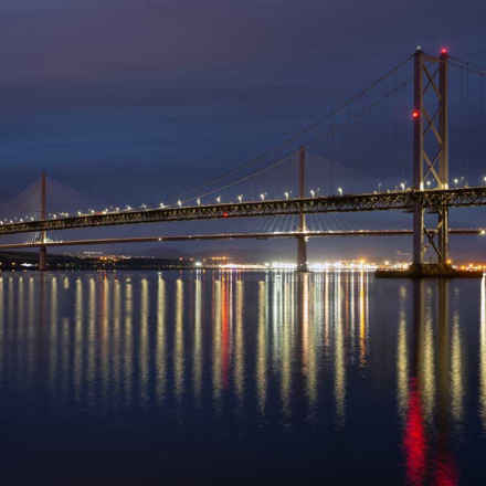 Forth Road Bridge lit up at night