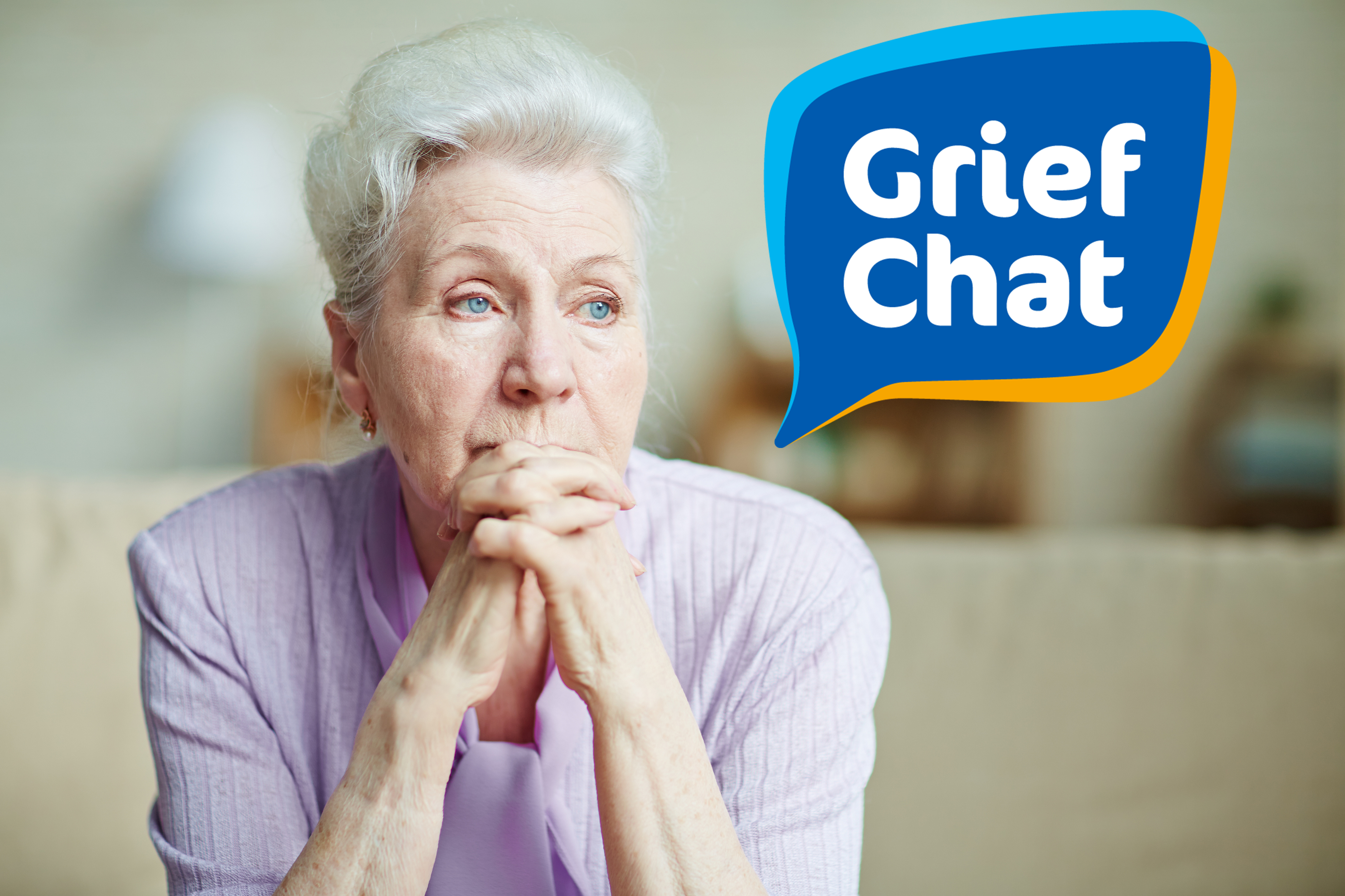 Elderly lady looking to side with grief chat logo